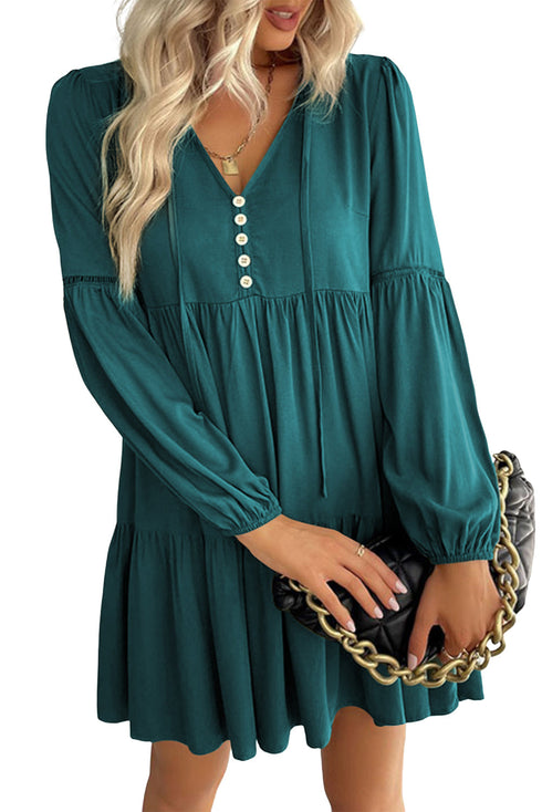 Lace Puff Sleeve Buttoned Tiered Ruffled Mini Dress